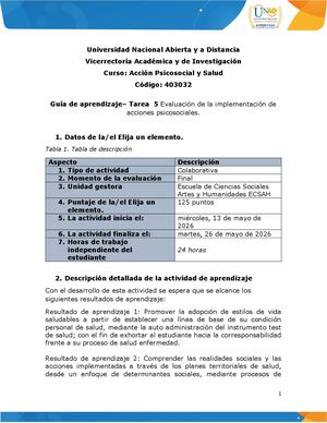 Guía De Aprendizaje Tarea 5 Evaluación De La Implementación De Acciones Psicosociales