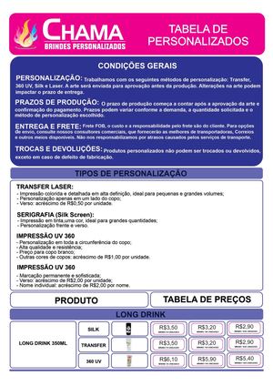 Tabela Preço Copos Chama Brindes