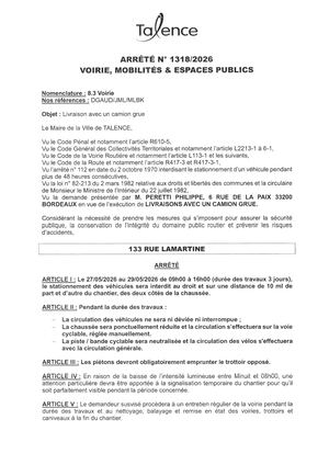 Arrete N 1318-2026-Livraison Avec Camion Grue 133 Rue Lamartine 27 Au 29-05-2026-Publié Le 22 05 2026