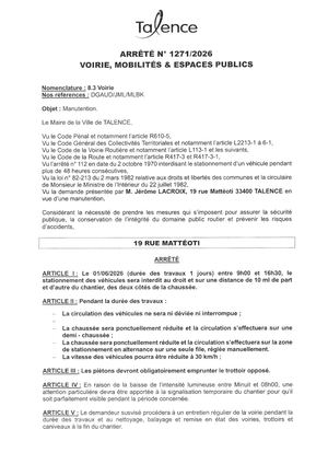 Arrete N 1271-2026-Manutention 16 Rue Matteoti Le 01-06-2026-Publié Le 22 05 2026