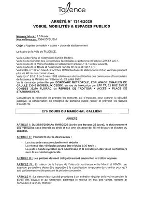 Arrete N 1314-2026-Reprise De Trottoirs 276 Crs Du Marechal Gallieni Du 26-05 Au 19-06-2026-Publié Le 22 05 2026