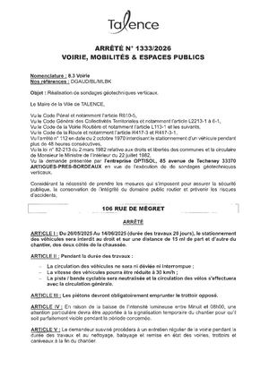Arrete N 1333-2026-Realisation Sondage Geothechniques 106 Rue De MegREt Du 26-05 Au 14-06-2026-Publié Le 22 05 2026