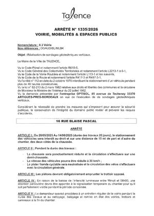 Arrete N 1335-2026-Realisation Sondage Geothechniques 16 Rue Blaise Pascal Du 26-05 Au 14-06-2026-Publié Le 22 05 2026