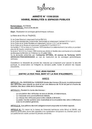 Arrete N 1336-2026-Realisation Sondage Geothechniques Rue Jean Racine Du 26-05 Au 14-06-2026-Publié Le 22 05 2026