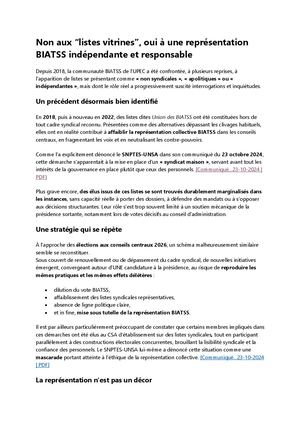 Non Aux “Listes Vitrines”, Oui à Une Représentation Biatss Indépendante Et Responsable
