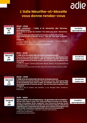 Programme des RDV de l'Adie en Meurthe-et-Moselle Juin 26