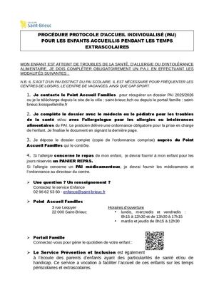 Procédure PAI Extrascolaire
