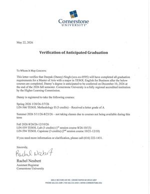 May 22, 2026 Cornerstone University Letter of Deepak (Danny) Singh Master of Arts in TESOL English for Business Conferral December 10, 2026