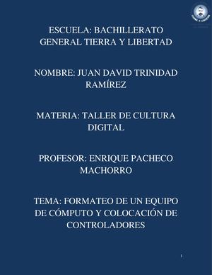 Formateo De Un Equipo De Cómputo Y Colocacion De Controladores