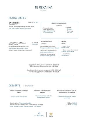 Le Tikehau - Te Reka Ika - Menu