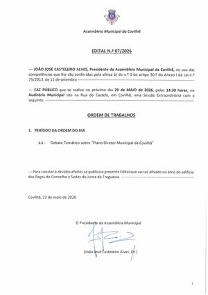 ASSEMBLEIA MUNICIPAL DA COVILHÃ | Extraordinária | Dia 29 de maio de 2026, pelas 14:30 horas, no Auditório Municipal