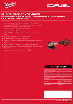 Scheda Tecnica Smerigliatrice 18 Volt 125 Mm