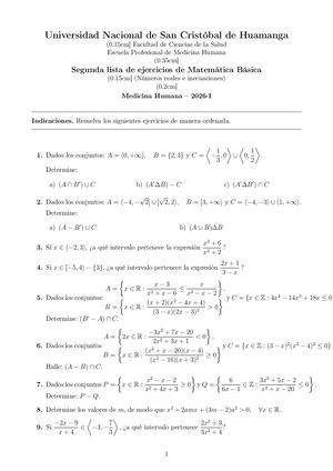 2da Lista De Ejercicios Matemática Básica B Medicina 2026 I Actualizado