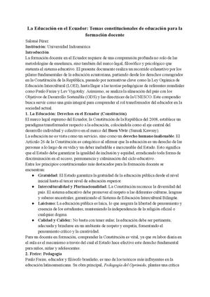 La Educación En El Ecuador Temas Constitucionales De Educación Para La Formación Docente