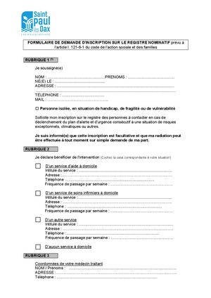 Formulaire Inscription Registre Canicule