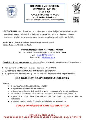 Brocante Place Abrioux - Bulletin d'inscription - 14/06/2026