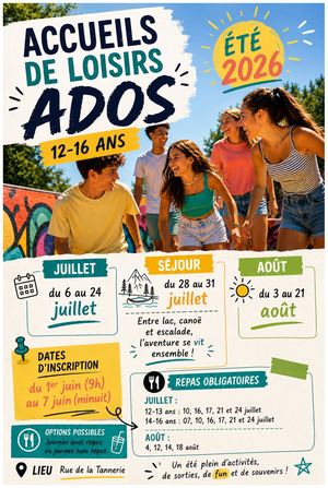 Inscriptions ALSH 12-16 ans : Été 2026