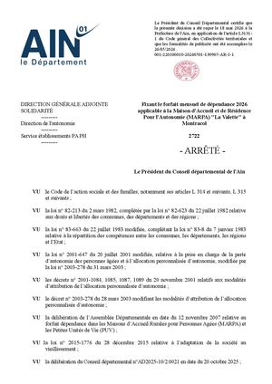 Fixant Le Forfait Mensuel De Dépendance 2026 Applicable à La Maison D'Accueil Et De Résidence Pour L'Autonomie (MARPA) La Valette à Montracol