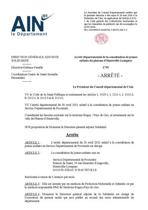 Arrêté Départemental De La Consultation De Jeunes Enfants Du Plateau D'Hauteville Lompnes