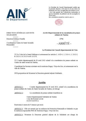 Arrêté Départemental De La Consultation De Jeunes Enfants De Nantua
