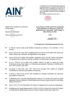 Arrêté Fixant Le Forfait Mensuel De Dépendance 2026 Applicable à La Maison D'Accueil Et De Résidence Pour L'Autonomie Plain Champ à Saint Etienne Du Bois