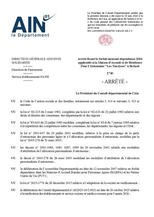 Arrêté Fixant Le Forfait Mensuel Dépendance 2026 Applicable à La Maison D'Accueil Et De Résidence Pour L'Autonomie Les Narcisses à Brénod
