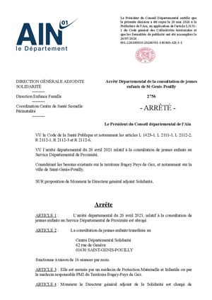 Arrêté Départemental De La Consultation De Jeunes Enfants De St Genis Pouilly