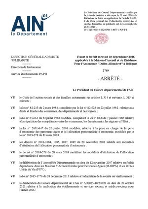 Fixant Le Forfait Mensuel De Dépendance 2026 Applicable à La Maison D'Accueil Et De Résidence Pour L'Autonomie Dallex Allombert à Bellignat
