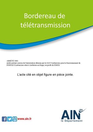 Arrêté Portant Cession De L'autorisation Détenue Par La SAS L'Ambarroise Pour Le Fonctionnement De L'EHPAD L'Ambarroise Situé à Ambérieu En Bugey Au Profit De EMEIS