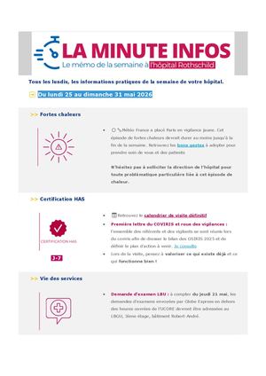 [Rth] La Minute Infos Vigilance Fortes Chaleurs, Demande D'examen De Laboratoire, Lettre Coviris, Formations, Assise Du Muscle 2026, Menu De La Semaine Etc