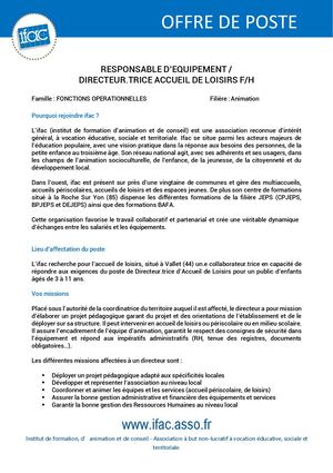 Responsable D'équipement F H - CDD - Vallet