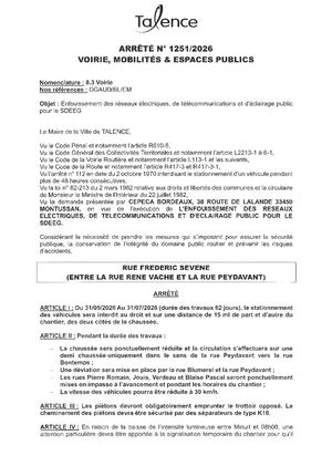 Arrêté 1251 2026 Enfouissement Des Réseaux éLectriques, De Télécommunications Et D'éclairage Public Pour Le Sdeeg Rue Frédéric Sévène Du 31 05 Au 31 07 2026