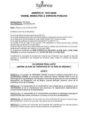 Arrêté 1257 2026 Repas De Rue 29 Avenue Paul Lapie Le 30 05 2026