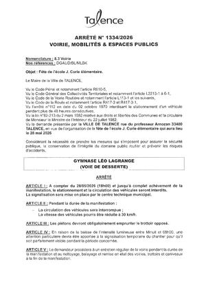 Arrêté 1334 2026 Fête De L'école J Curie éLémentaire Au Gymnase Léo Lagrange Le 28 05 2026