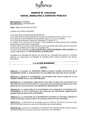 Arrêté 1285 2026 Repas De Rue Du 1 Au 34 Rue Bourbaki Le 29 05 2026