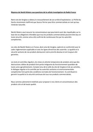 Réponse De Nestlé Waters Aux Questions De La Cellule Investigation De Radio France