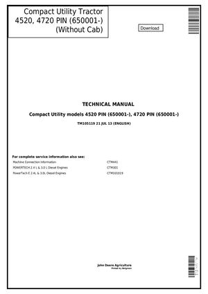 JOHN DEERE 4720 4520 TRACTOR REPAIR SERVICE TECHNICAL MANUAL TM105119