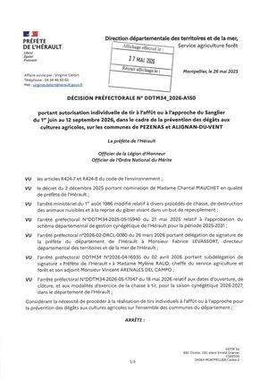 Décision Préfectorale N° Ddtm34 2026 A150