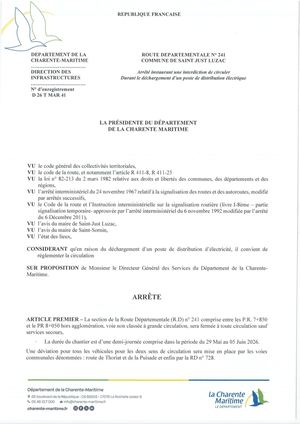 Arrêté De Circulation N° D 26 T Mar 41 Rd 241 Saint Just Luzac