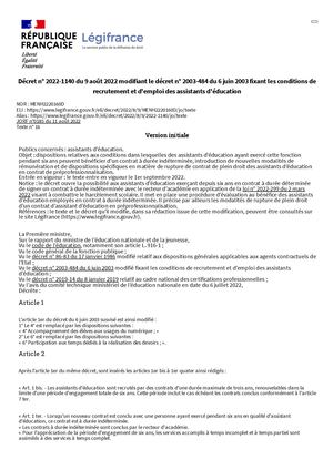 Decret N° 2022 1140 Du 9 Aout 2022 Modifiant Le Decret N° 2003 484 Du 6 Juin 2003 Fixant Les Conditions De Recrutement Et Demploi Des Assistants Deducation Legifrance
