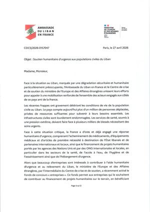 Lettre Entreprise - Soutien humanitaire d'urgence aux populations civiles du Liban