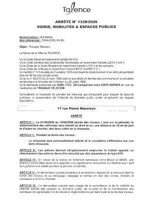 Arrêté 1338 2026 Travaux Telecom Rue P Massieux Du 01 Au 15 06 2026