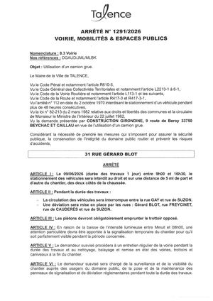 Arrêté 1291 2026 Utilisation D'un Camion Grue 31 Rue Gerard Blot Le 09 06 2026