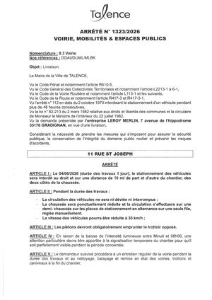 Arrêté 1323 2026 Livraison 11 Rue Joseph Le 04 06 2026