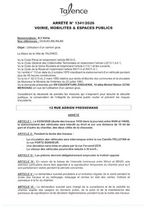 Arrêté 1341 2026 Utilisation D'un Camion Grue 12 Rue Adrien Pressemane Le 03 06 2026
