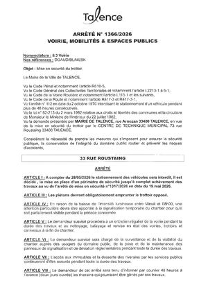 Arrêté 1366 2026 Mise En Sécurité Du Trottoir 33 Rue Roustaing Le 28 05 2026