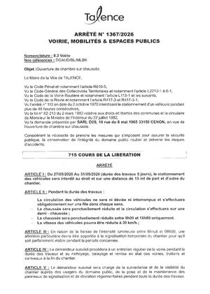 Arrêté 1367 2026 Ouverture De Chambre Sur Chaussée 715 Cours De La Libération Du 27 Au 32 05 2026