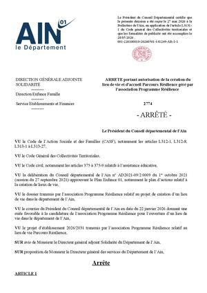ARRETE Portant Autorisation De La Création Du Lieu De Vie Et D'accueil Parcours Résilience Géré Par L'association Programme Résilience