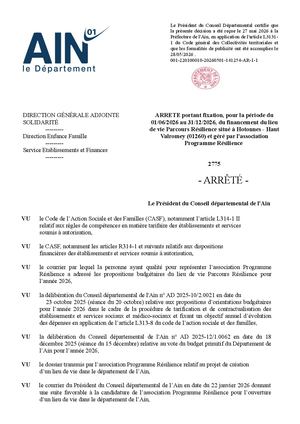 ARRETE Portant Fixation, Pour La Période Du 01 06 2026 Au 31 12 2026, Du Financement Du Lieu De Vie Parcours Résilience Situé à Hotonnes - Haut Valromey (01260) Et Géré Par L'association Programme Résilience