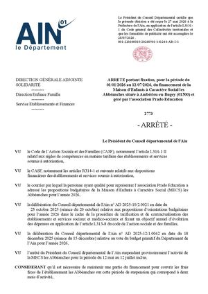 ARRETE Portant Fixation, Pour La Période Du 01 01 2026 Au 12 07 2026, Du Financement De La Maison D'Enfants à Caractère Social Les Abbéanches Située à Ambérieu En Bugey (01500) Et Géré Par L'association Prado Education
